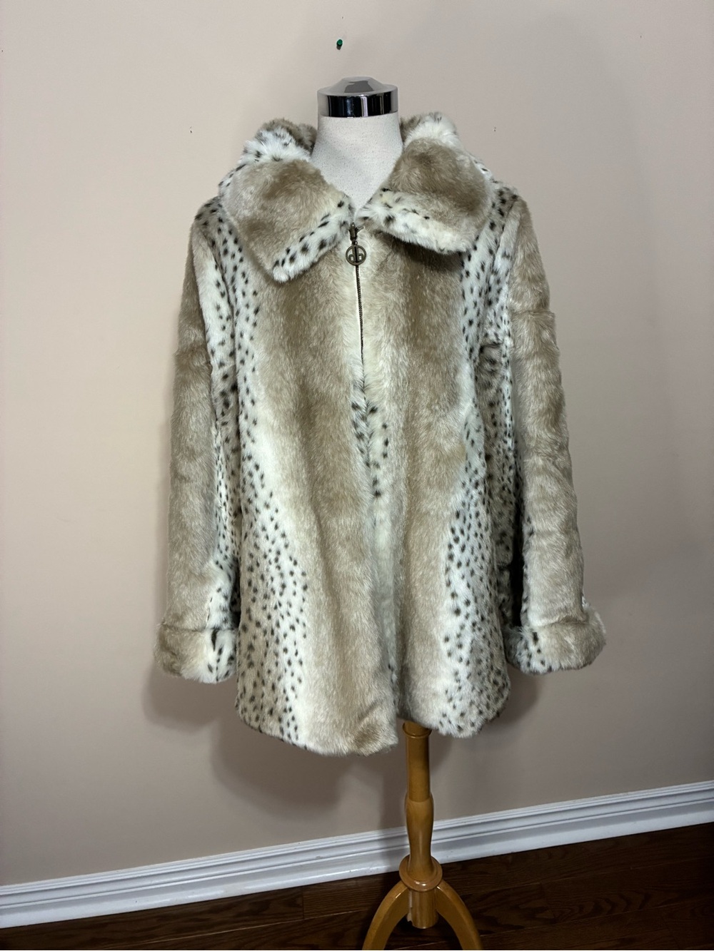 Dennis by Dennis Basso Animal Print Cream and Taupe Faux Fur Reversible Coat
